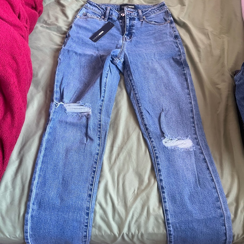 Fashion Nova Light Blue Distressed Straight Leg Jeans